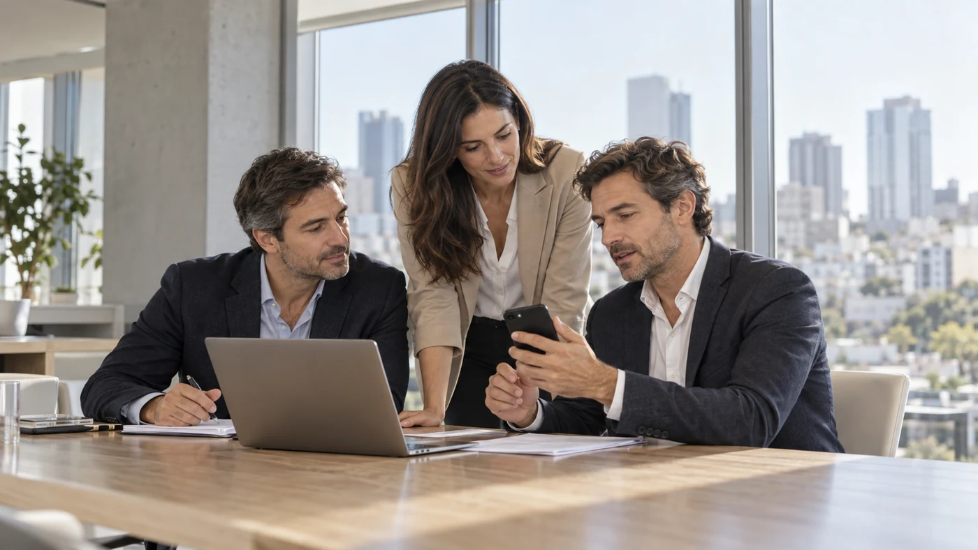 Escena ilustrativa de un equipo de trabajo reunido en una oficina